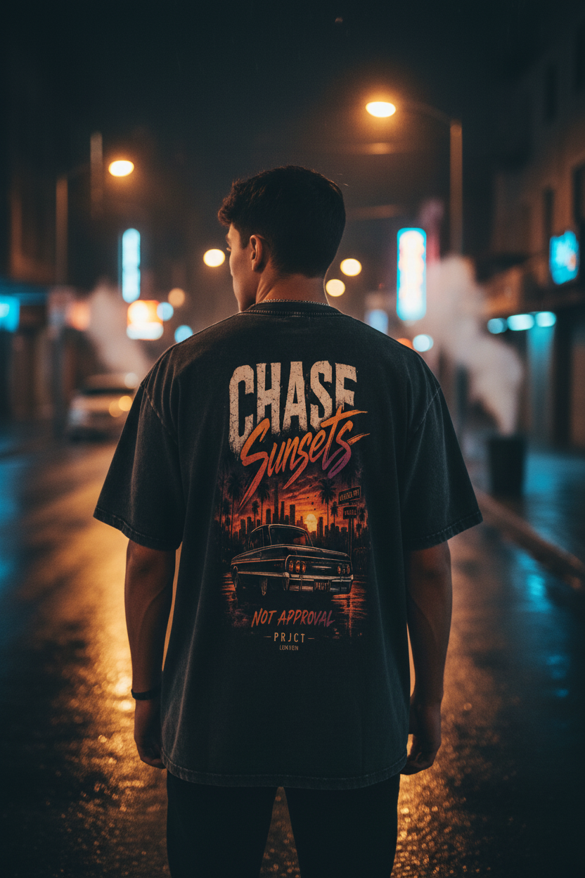 "PRJCT - Chase Sunsets" Snow washed & Oversized Tee ...